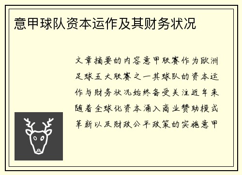 意甲球队资本运作及其财务状况